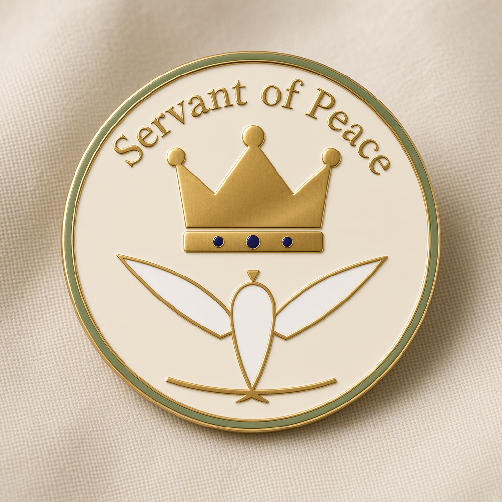 Mockup of a gold enamel pin with “A Servant of Peace” typography